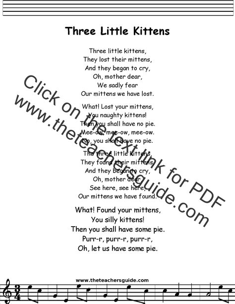 Three Little Kittens Lyrics, Printout, MIDI, and Video