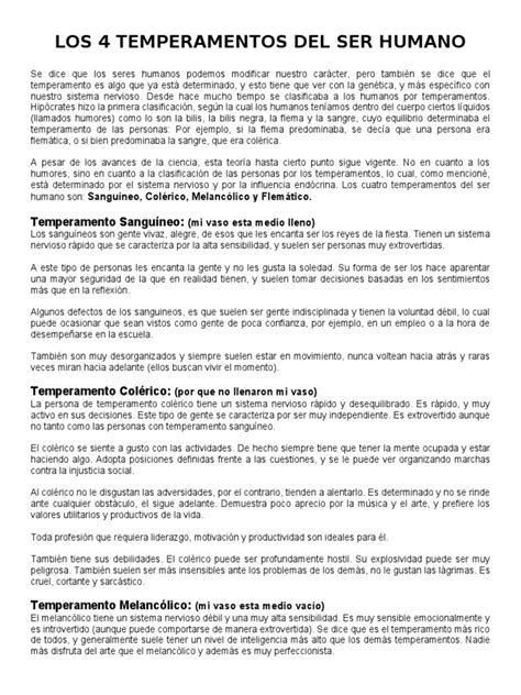 Los 4 Temperamentos Del Ser Humano Pdf Temperamento Ciencias Del