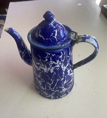 Vintage Cobalt Blue Swirl Graniteware Enamelware Coffee Pot Gooseneck