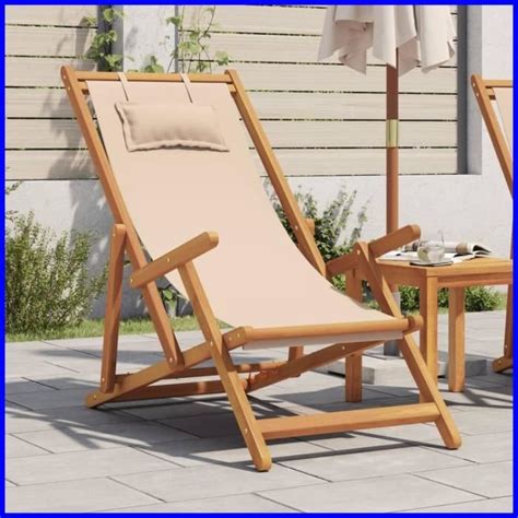 Drfeify Chaise Pliable De Plage Beige Bois Massif D Eucalyptus Et Tissu