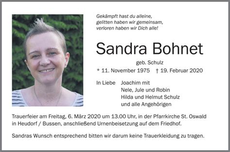 Traueranzeigen von Sandra Bohnet Schwarzwälder Bote Trauer