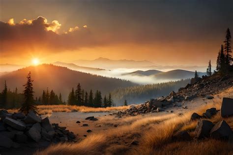 Premium AI Image | Sunrise over the mountains with a golden sunset