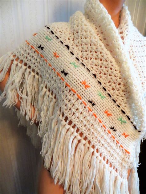 70s Boho Crochet Shawl Fringe Cape Open Weave Ivory With Etsy Crochet Shawl Boho Crochet