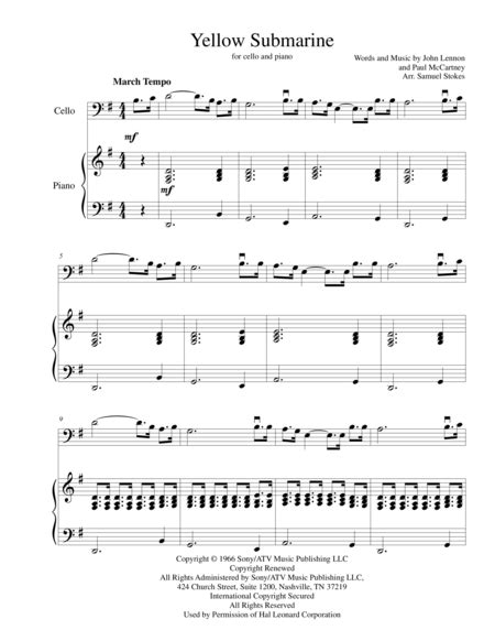 Yellow Submarine For Cello With Piano By The Beatles Digital Sheet