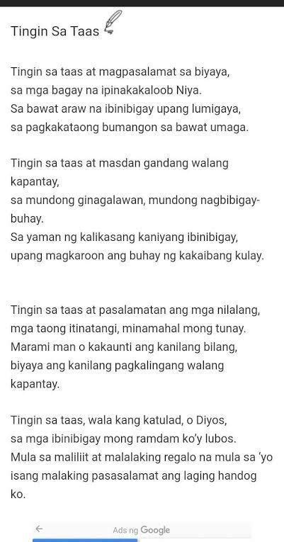 Gumawa Ng Tula Na Nag Papakita Ng Pag Papahalaga Sa Mga Biyaya Saatin