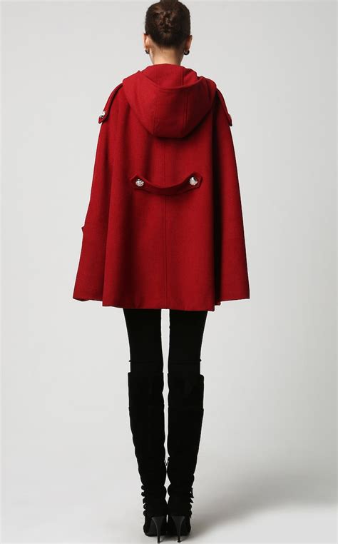 Women S Winter Red Wool Hooded Wool Cape Coat Plus Size Etsy