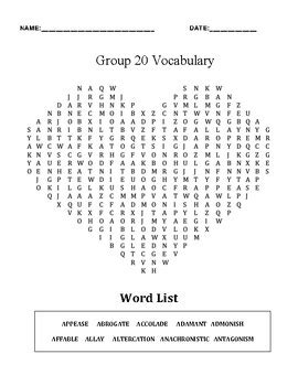 Group 20 Vocabulary Puzzle Packet Quiz And Answer Key SAT LEVEL VOCAB