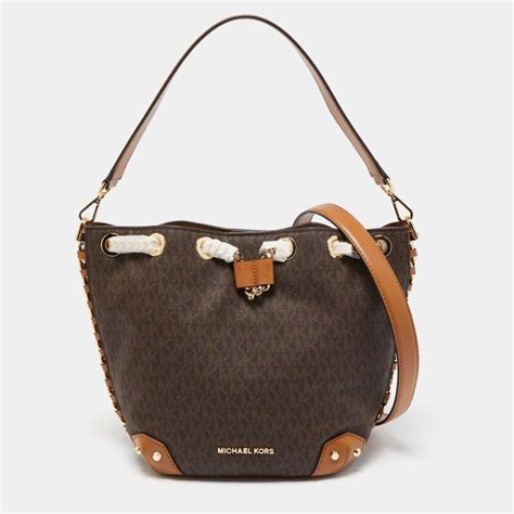 Michael Kors Brown Signature Coated Canvas Medium Alanis Bucket Bag