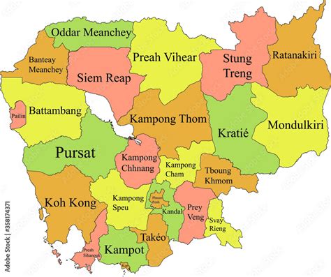 Pastel Colored Labeled Provinces Map Of Asian Country Of Cambodia Stock