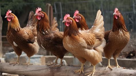 Un Grupo De Pollos Con Crestas Rojas En La Cabeza Se Paran En Una