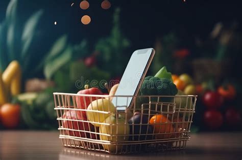 Shopping Basket With Fresh Fruits And Vegetables And Smartphone Online