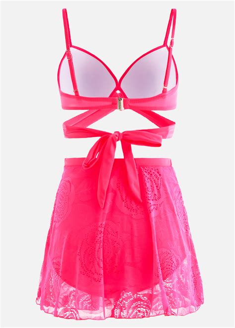 Lace Stitching Hot Pink High Waist Bikini Set Rosewe Usd