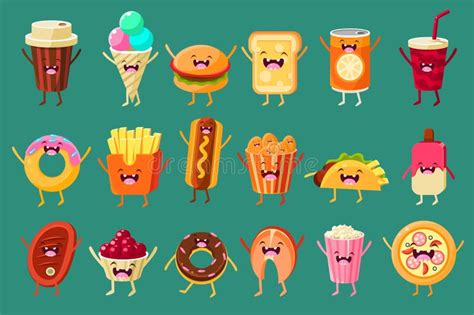 Funny Fast Food Comic Characters Sett, Ice Cream, Coffee, Hot Dog ...