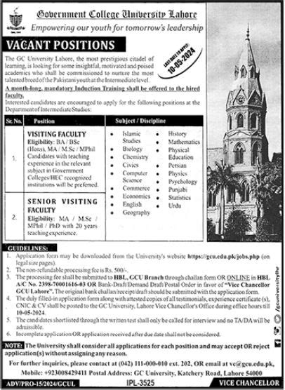 Government College University Lahore Jobs 2024 2025 Job Advertisement