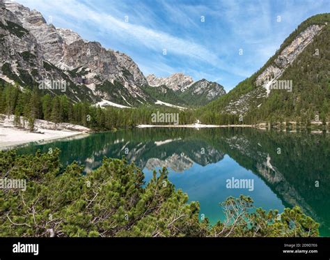 Panoramic View Of Iconic Pragser Wildsee Lago Di Braies In Dolomites