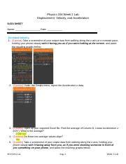 Phys W Lab Datasheet Docx Physics Week Lab Displacement