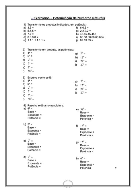 Exerc Cios Potencia O De N Meros Naturais