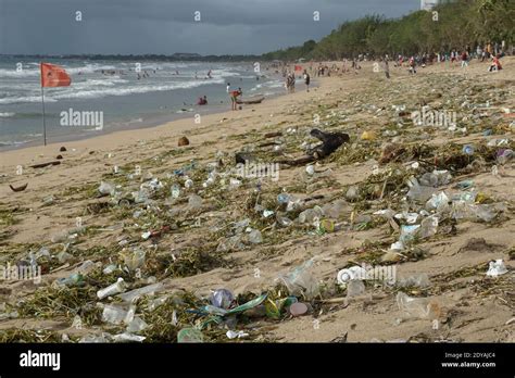 Plastics And Organic Trashes Litter The Coastal Line Of Famous Bali