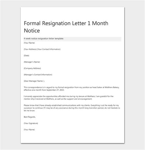 Resignation Letter Template One Month Notice