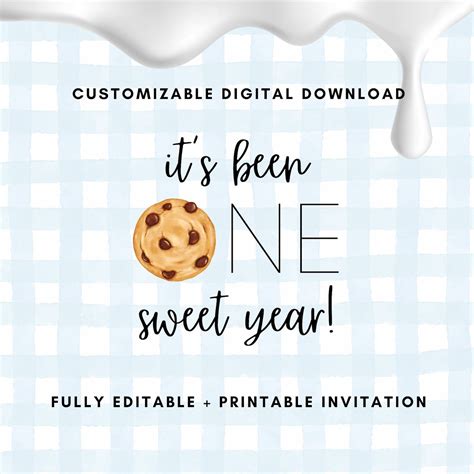 Editable One Sweet Year Cookies And Milk Theme Blue Gingham Babys