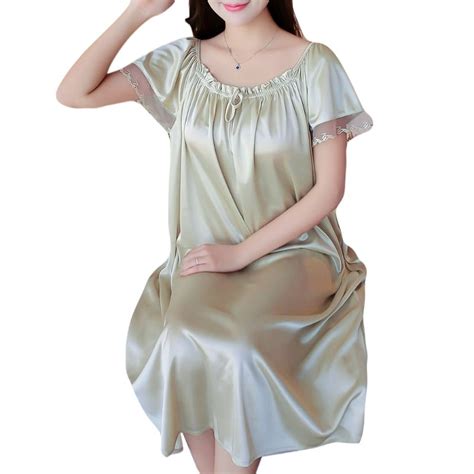 Genema Womens Summer Lace Ice Silk Nightdress Short Sleeve Loose Plus