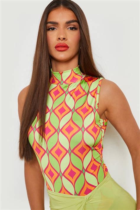 Womens Geo Print High Neck Bodysuit Boohoo Uk