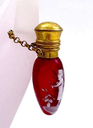 Antique Mary Gregory Cranberry Glass Perfume Bottle And Chatelaine