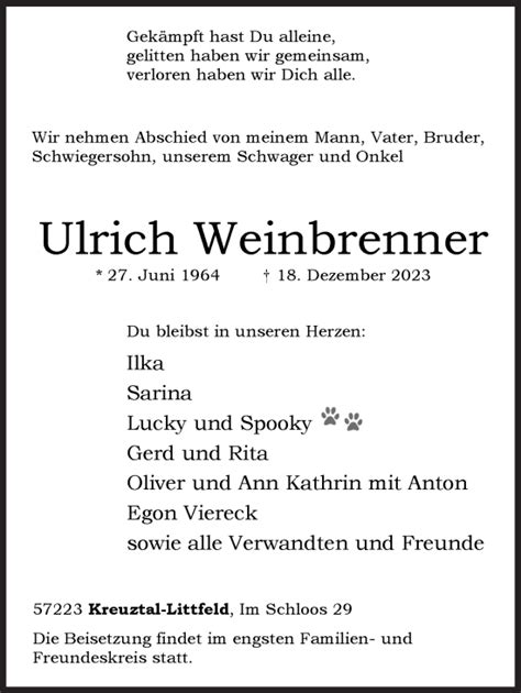 Traueranzeigen Von Ulrich Weinbrenner 57trauer De