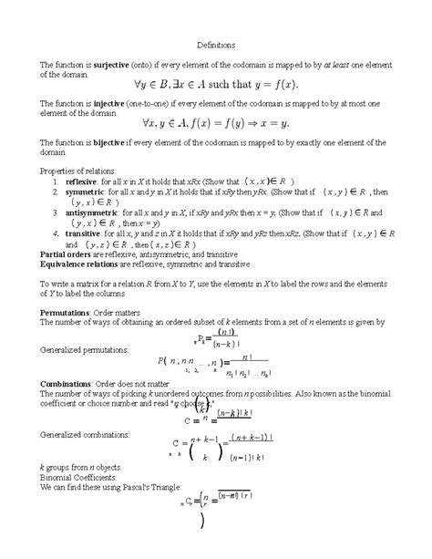 Discrete Mathematics Cheat Sheet Definitions The Function Is Surjective Onto If Every