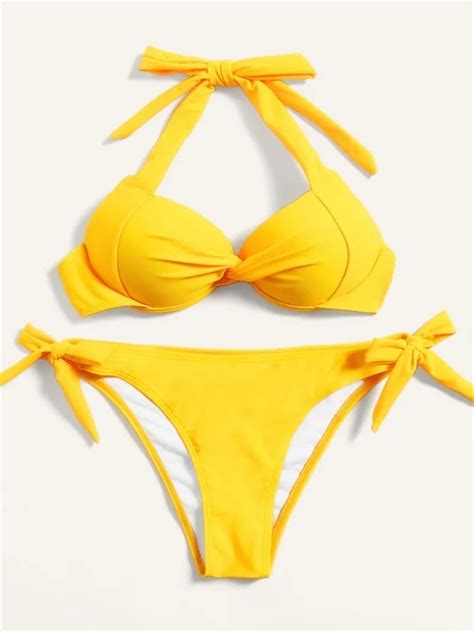 Melphieer Women S Underwired Push Up Yellow Bikini Ties Halter Two