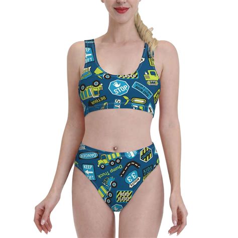 Ocsxa Cartoon Heavy Equipment Women S High Waisted Bikini Sets Sporty Two Piece Swimsuits Large