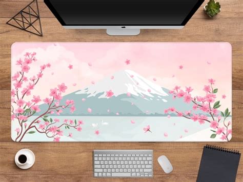 Fuji Cherry Blossom Desk Mat Japanese Mouse Pad Cute Minimal Etsy