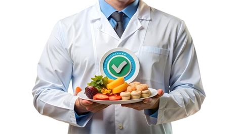 3d Flat Icon As Food Quality Inspector With ISO Badge And Food Samples