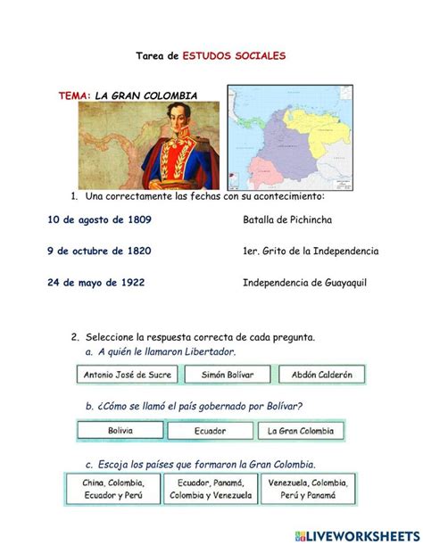 La Gran Colombia Online Worksheet Historia De Colombia Prueba De