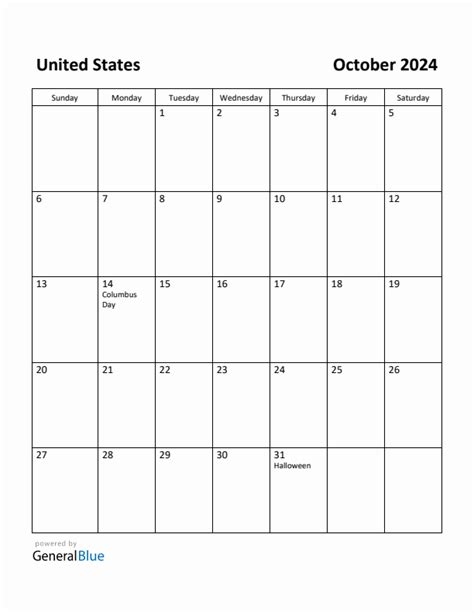 October United States Monthly Calendar With Holidays