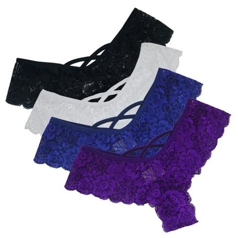 4PC Sexy Femmes Dentelle Fleurs Taille Basse Sous Vêtements Culottes G string Lingerie Strings