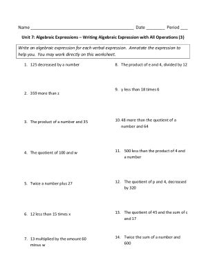 Fillable Online Write A Verbal Expression For Each Algebraic Fax