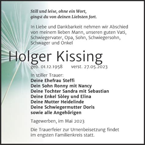 Traueranzeigen Von Holger Kissing Abschied Nehmen De