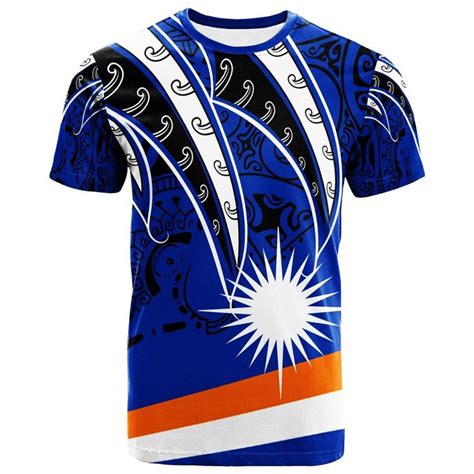 A Blue And White T Shirt With An Orange Stripe On The Front