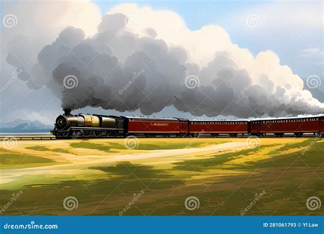 The Historic Steam Train Passes Through The Fields Stock Illustration