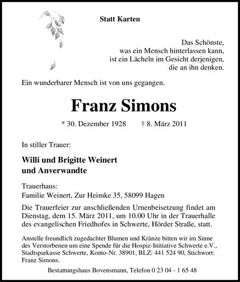 Traueranzeigen Von Franz Simons Trauer In Nrw De