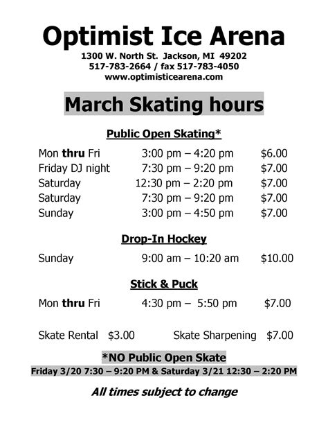 March Skating Hours - OPTIMIST ICE ARENA