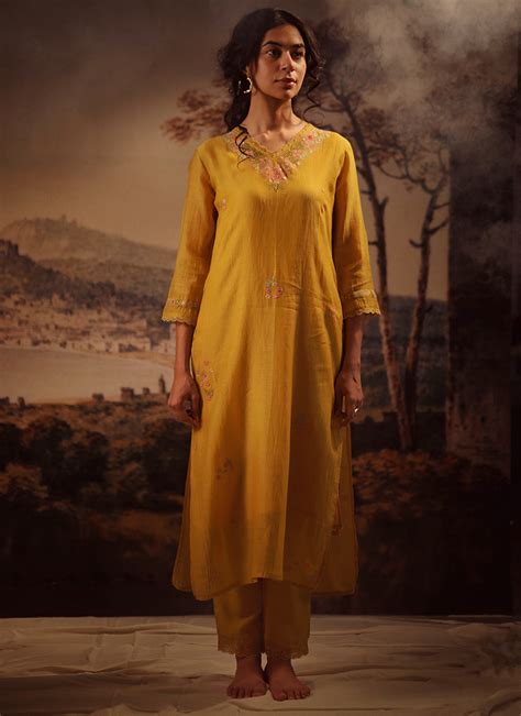 Shop Mustard Yellow Chanderi Silk Embroidered Straight Pant Suit Party