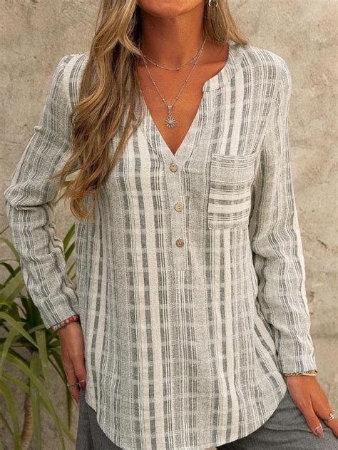 Womens Casual Striped V Neck Long Sleeve Shirt