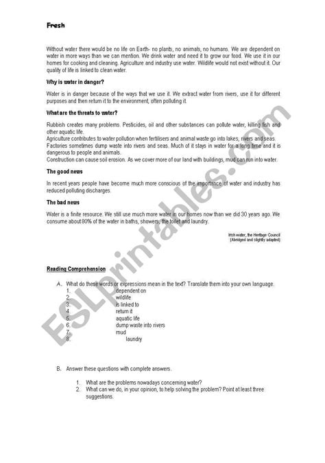 English Worksheets Reading Comprehension The Water