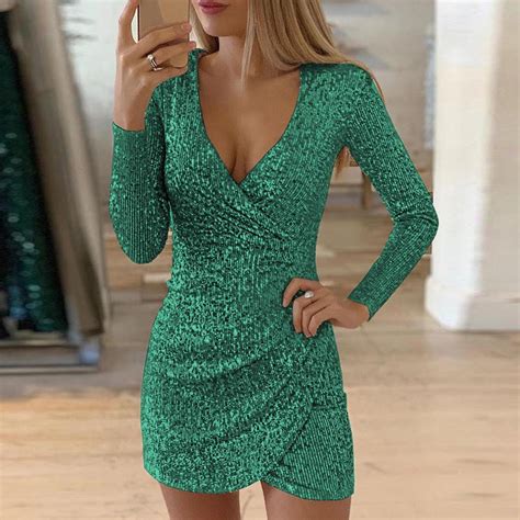 Gzwyht Sequin Dressmidi Dresses Women Sexy V Neck Self Cultivation Dresses Slim Elegant Ladies