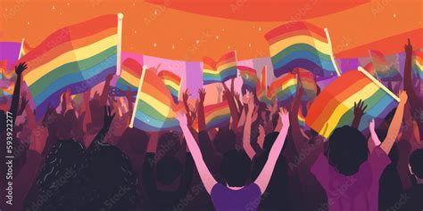 Vector Illustration Of Crowd Of People Holding Lgbt Rainbow Flags