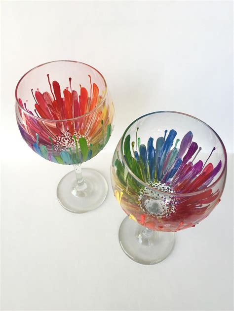 Rainbow Color Burst Wineglass Set Of Hand Painted Oz Glasses Etsy