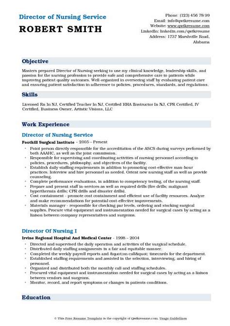 Director Of Nursing Resume Samples Qwikresume