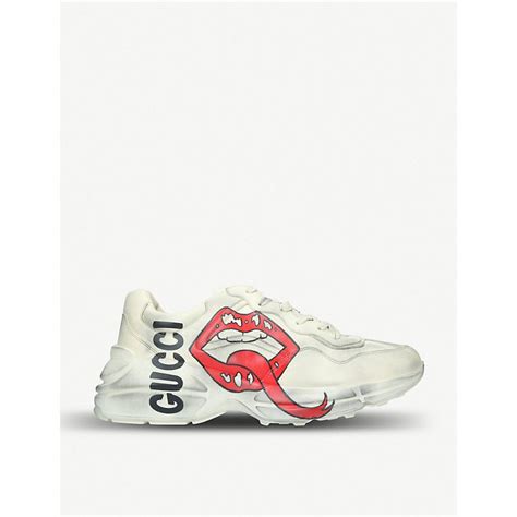 Gucci Men S Rhyton Leather Sneakers With Mouth Print In Ivory Leather